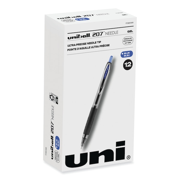 Signo 207 Needle Point Gel Pen, 0.7mm, Blue Ink, Black Barrel, PK12